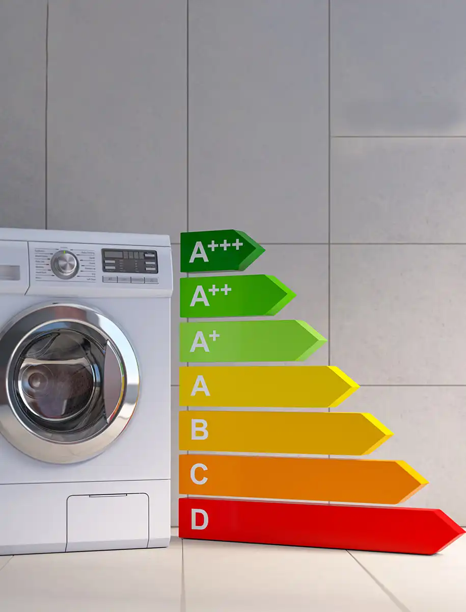 Waschmaschine mit Energieeffizienzpfeilen