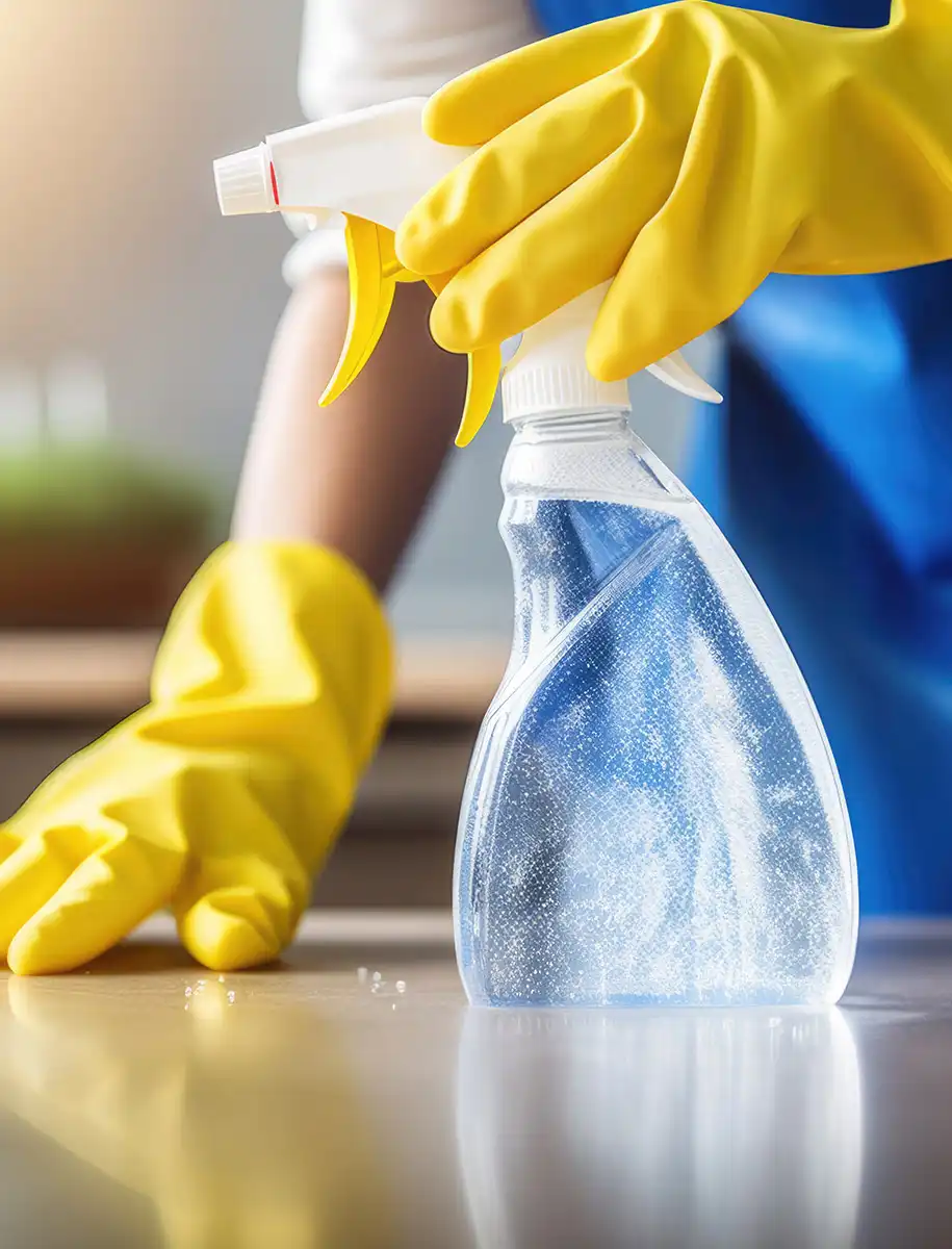 Person mit gelben Gummihandschuhen mit einer Reinigungssprühflasche beim Putzen