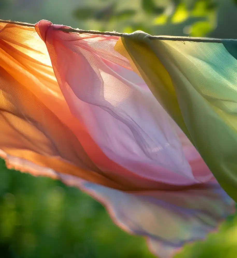 Bunte Wäsche hängt auf Wäscheleine in der Sonne vor grüner Landschaft